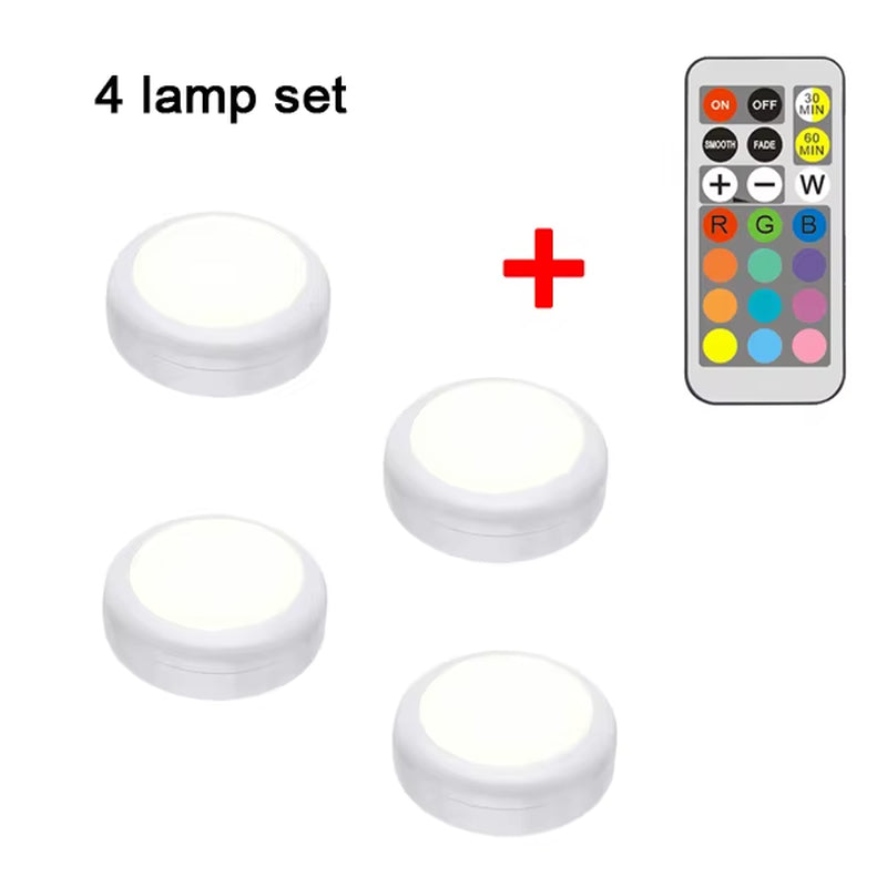 LED Cabinet Light RGB Puck Lamp Remote Control Battery Powered Dimmable Kitchen under Cabinet Closet Light Nightlight Multicolor