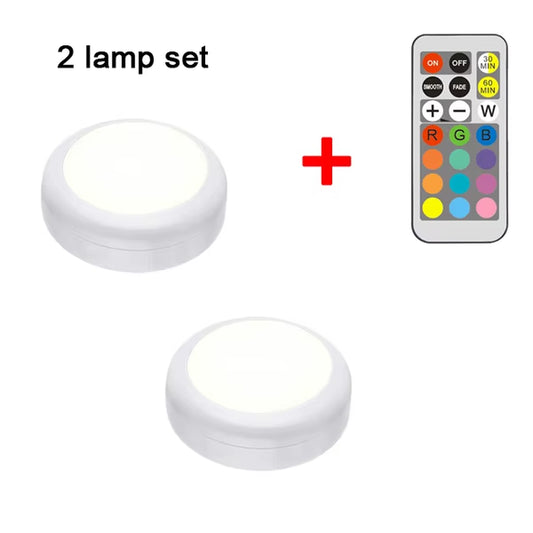 LED Cabinet Light RGB Puck Lamp Remote Control Battery Powered Dimmable Kitchen under Cabinet Closet Light Nightlight Multicolor